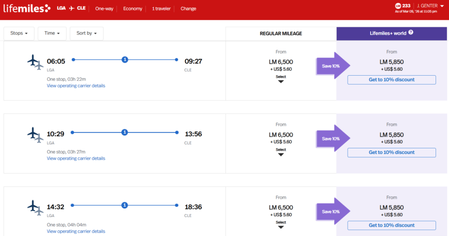 Screenshot showing example of booking a United flight from New York to Cleveland for 6,500 LifeMiles