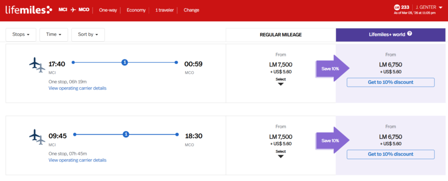 Screenshot showing example of booking a United flight from Kansas City to Orlando for 7,500 LifeMiles