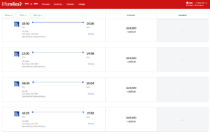 Screenshot of United award from San Francisco to San Diego for 6,500 LifeMiles
