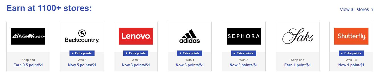 Screenshot showing example Southwest Rapid Rewards shopping portal payouts