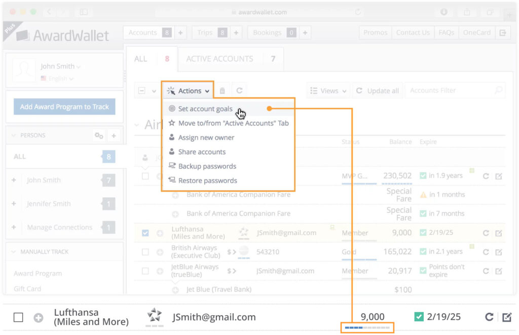 Screenshot showing how to set account goals in the AwardWallet dashboard