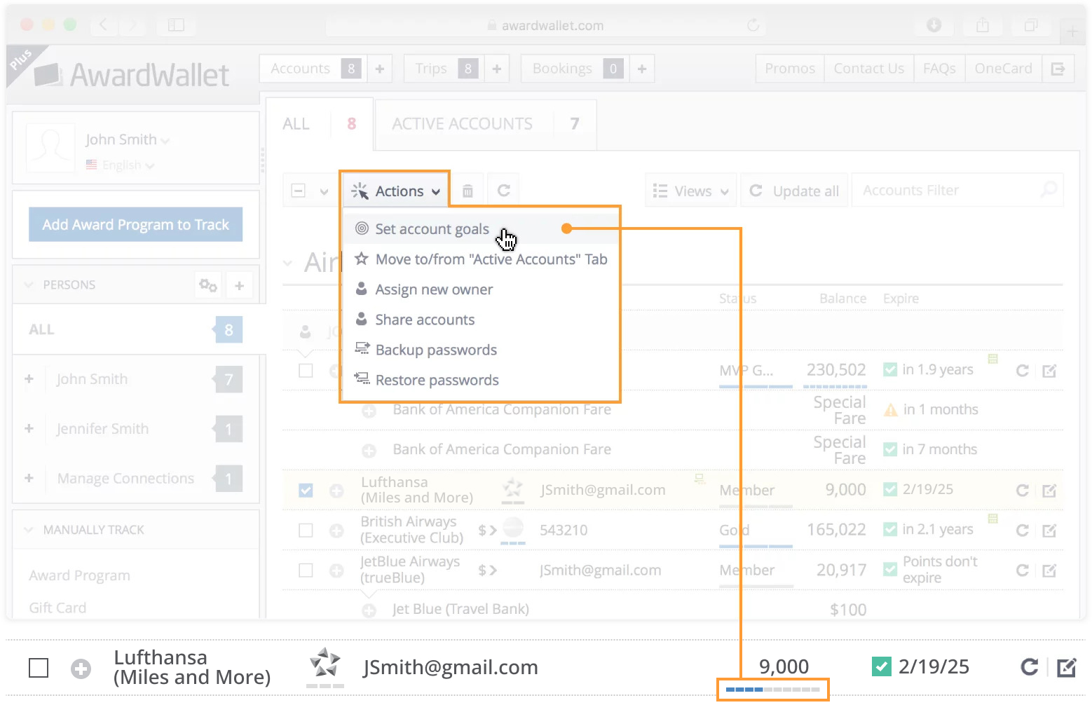 Screenshot showing how to set account goals in the AwardWallet dashboard