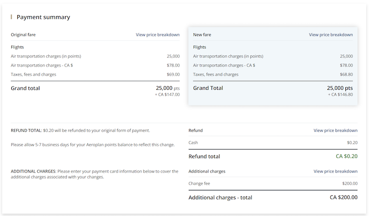 cost comparison page for old flight vs new flight