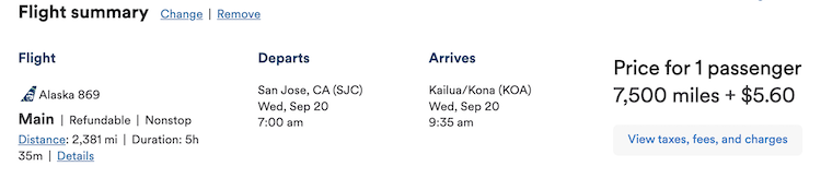 discounted mileage pricing San Jose to Kona, Hawaii