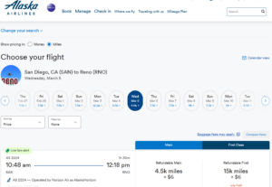 Screenshot of Alaska Airlines website showing American Airlines award pricing from San Diego to Reno for 4,500 Mileage Plan miles
