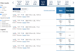 Screenshot of Alaska Airlines website showing American Airlines award pricing from Dallas to Atlanta for 4,500 Mileage Plan miles