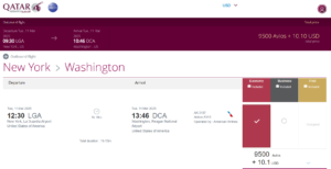 Screenshot of Qatar Privilege Club search results showing American Airlines awards from New York to Washington DC for 9,500 Avios