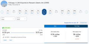 Screenshot of Alaska Airlines website showing American Airlines award pricing from Chicago to Newark for 4,500 Mileage Plan miles