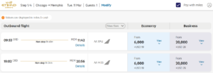 Screenshot showing Etihad Guest award search results from Chicago to Memphis