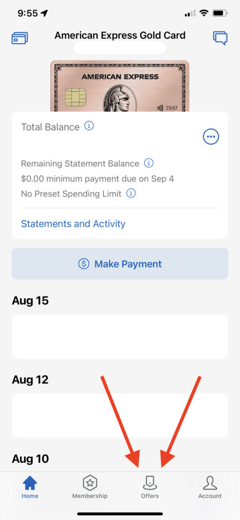 where to find Amex offers in the mobile app, illustrated in this screenshot