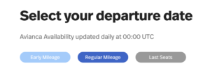 Avianca has three tiers of flights for the promotion based on the time until departure - early mileage (light blue), regular mileage (dark blue), and last seats (gray). Using LifeMiles in advance can reduce the cost of award flights