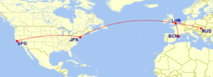 Map showing British Airways Tier Point run from Barcelona to San Francisco returning to Budapest