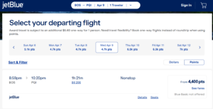 Screenshot showing JetBlue TrueBlue award search results showing 4,400-point award from Boston to Presque Isle
