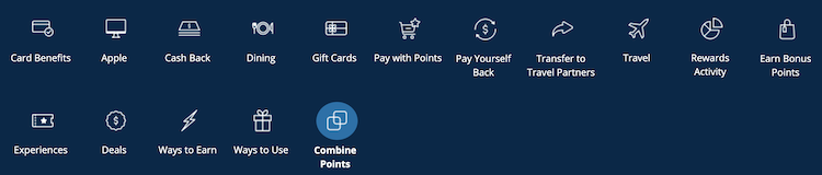 menu options for Chase Ultimate Rewards portal with the combine points option highlighted