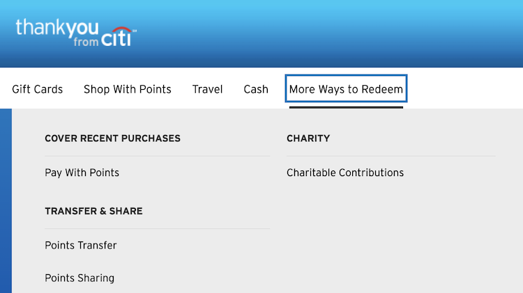menu options to share or combine Citi ThankYou Points