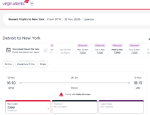 Screenshot showing Virgin Atlantic award search results from Detroit to New York Kennedy