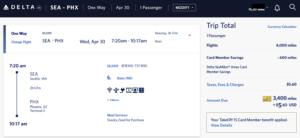 Screenshot showing Delta award flight for 3,400 SkyMiles after cardholder discount