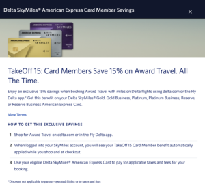 Delta TakeOff 15 benefit for Amex Delta cardholders