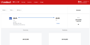 Screenshot of LifeMiles award results from Newark to London for 45k in business class