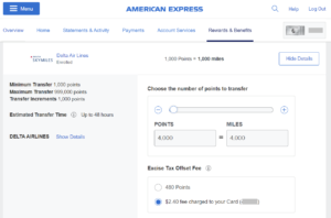 Screenshot showing fees on a transfer of 4,000 Amex Membership Rewards points to Delta SkyMiles