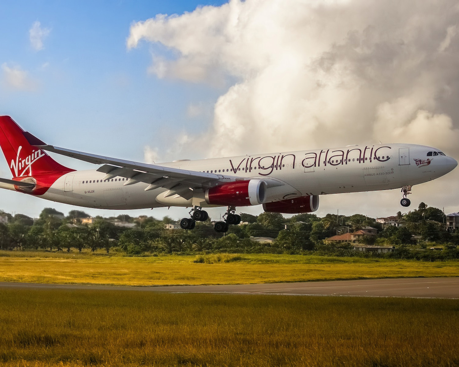 a Virgin Atlantic aircraft coming in for a landing