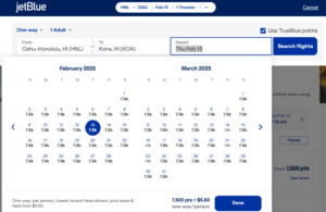 Screenshot showing JetBlue TrueBlue award calendar showing 7,500-point awards from Honolulu to Kona