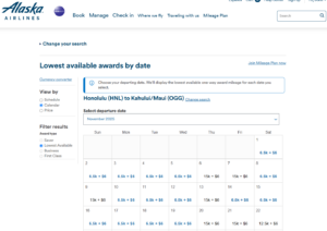 Screenshot of Alaska Airlines website showing American Airlines award calendar from Honolulu to Maui for 6,500 Mileage Plan miles