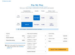 Hyatt Pay My Way example booking with free night awards and cash