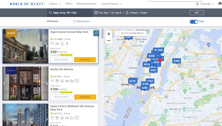 Hyatt hotel search results for New York City with the words "destination fee" highlighted