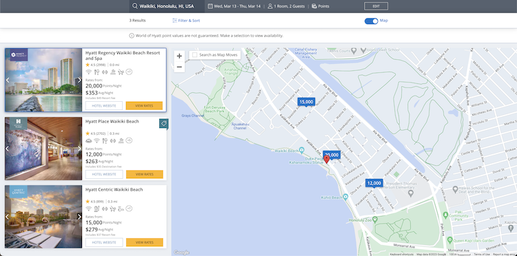 Waikiki search results from Hyatt's website when booking with points, including indications of resort and destination fees