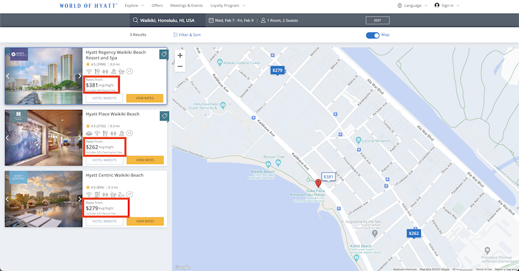 Waikiki search results from Hyatt's website, with indications of resort and destination fees