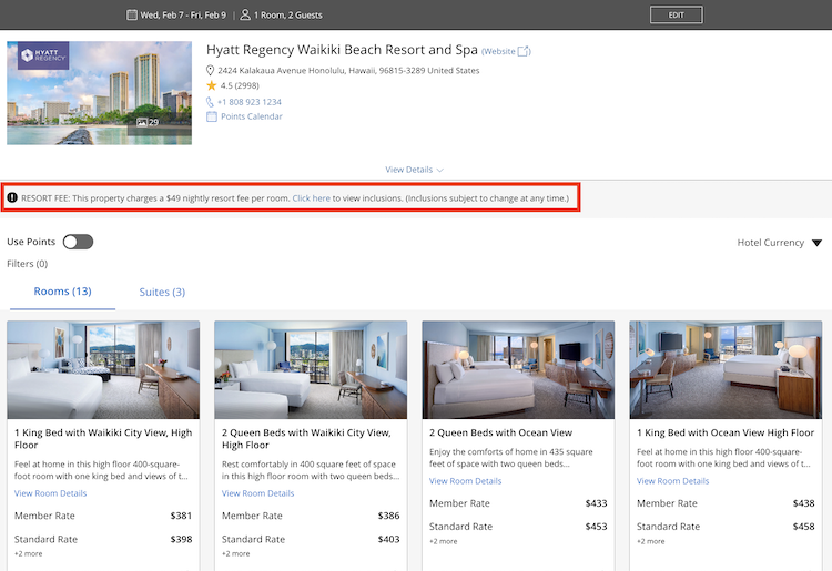 a box circles the description of the resort fee on this hotel booking page