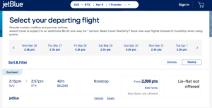 Screenshot showing JetBlue TrueBlue award search results showing 2,300-point award from San Juan to St. Thomas