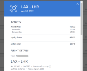 Screenshot of LAX-LHR earnings activity from a flight