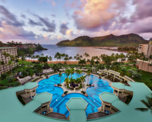 Looking over the pool at the Marriott Kauai Beach Club, toward the ocean and mountains