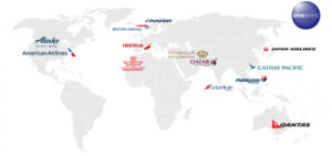 Graphic showing all Oneworld airlines superimposed on top of a world map