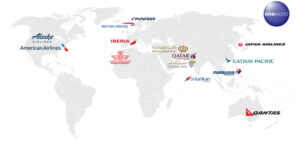 Graphic showing all current Oneworld airlines plus Oman Air superimposed on top of a world map