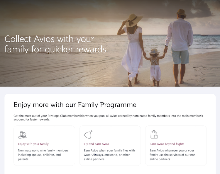 screenshot of Qatar Airways Family Programme page to pool Avios points with others