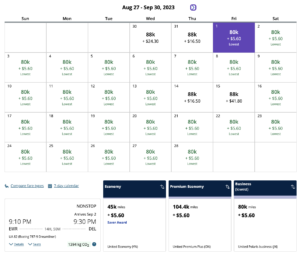 Screenshot showing United Polaris business class award availability for a full month