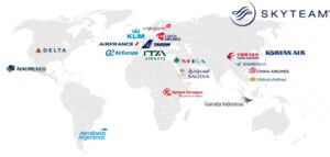 Graphic showing all SkyTeam airlines superimposed on top of a world map