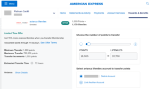 Screenshot of transferring Amex Membership Rewards points to LifeMiles with a 15% transfer bonus