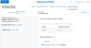 Screenshot showing fees on a transfer of 3,000 Amex Membership Rewards points to 2,400 JetBlue TrueBlue