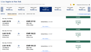 Screenshot showing Singapore KrisFlyer award search results showing 14,000-point awards from Los Angeles to Newark