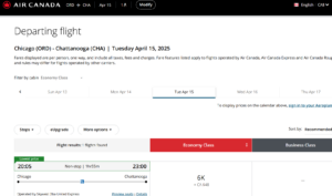 Screenshot showing Aeroplan award search results between Chicago and Chattanooga for 6,000 Aeroplan points