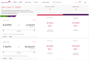 Screenshot showing Virgin Atlantic award search results from New York JFK to Lima