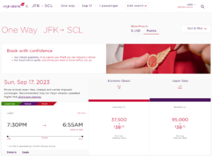 Screenshot showing Virgin Atlantic nonstop award search results from New York JFK to Santiago on LATAM
