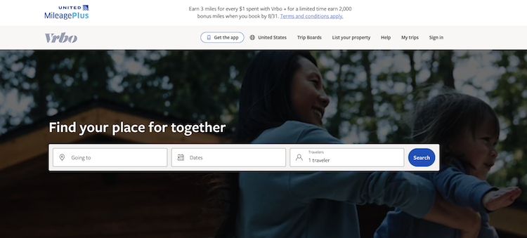Vrbo search page showing a United 3x miles promotion at the top