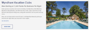 Banner image showing Wyndham Vacation Club properties are now bookable for 7,500 Wyndham Rewards points