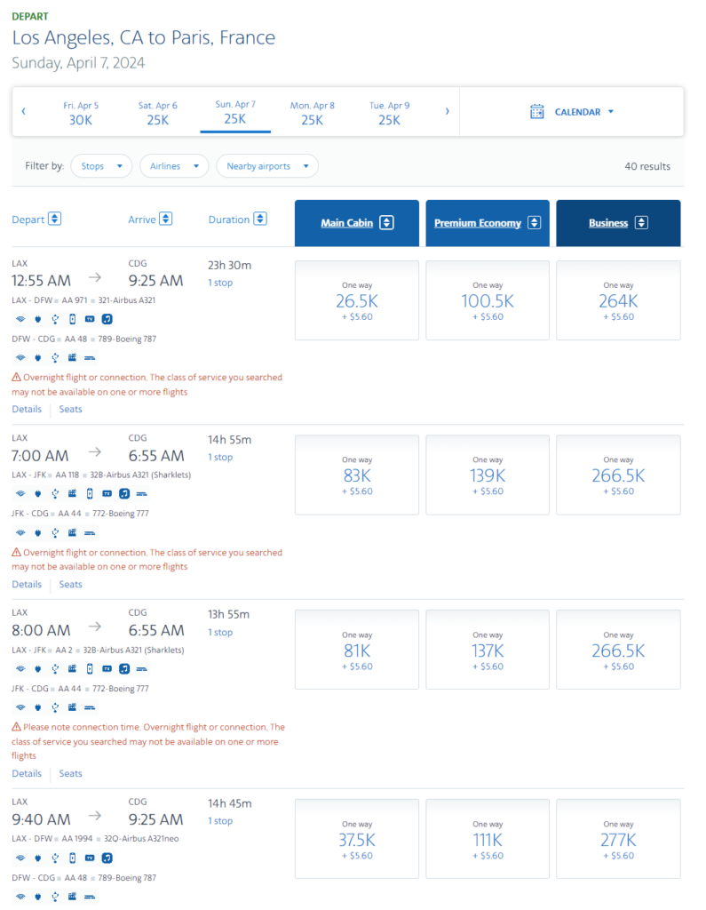 American Airlines award search results between Los Angeles and Paris
