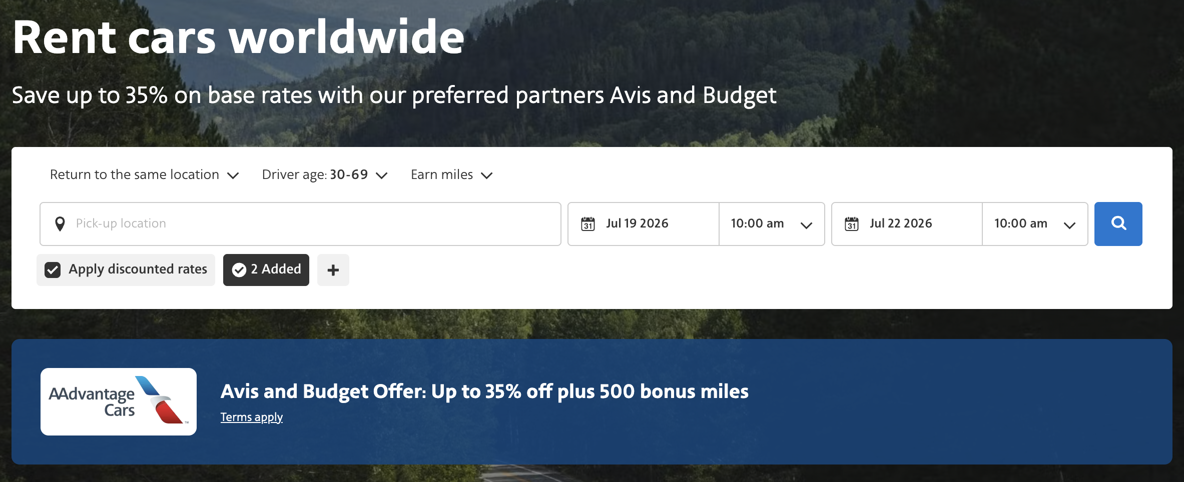 Screenshot of AAdvantage Cars promo banner.